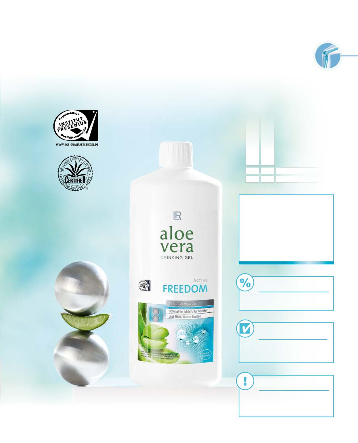 A mozgás szabadsága Élvezd a mozgás szabadságát minden akadály nélkül! Az Aloe vera Freedom ivógél ízületi tápanyagaival a legjobb támogatást nyújtja ehhez.