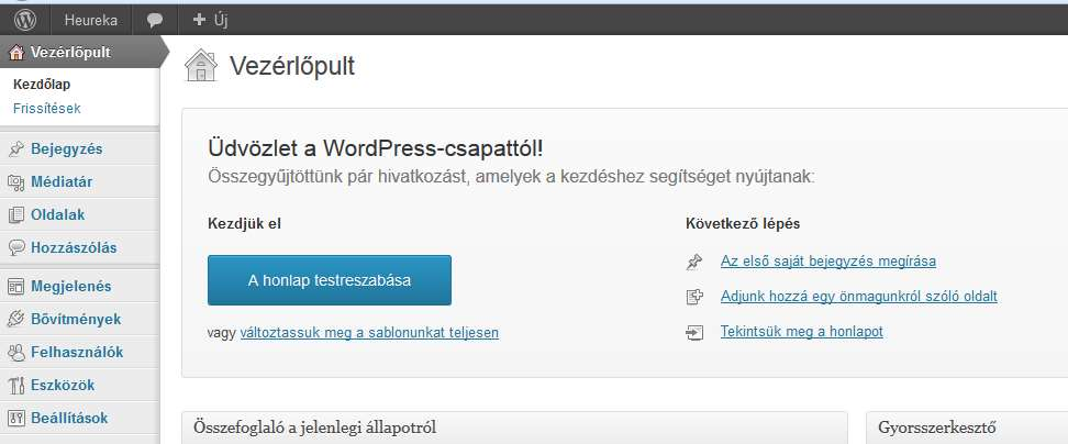 WordPress telepítés (lokális gépre) 47 A bejelentkezés után a WordPress