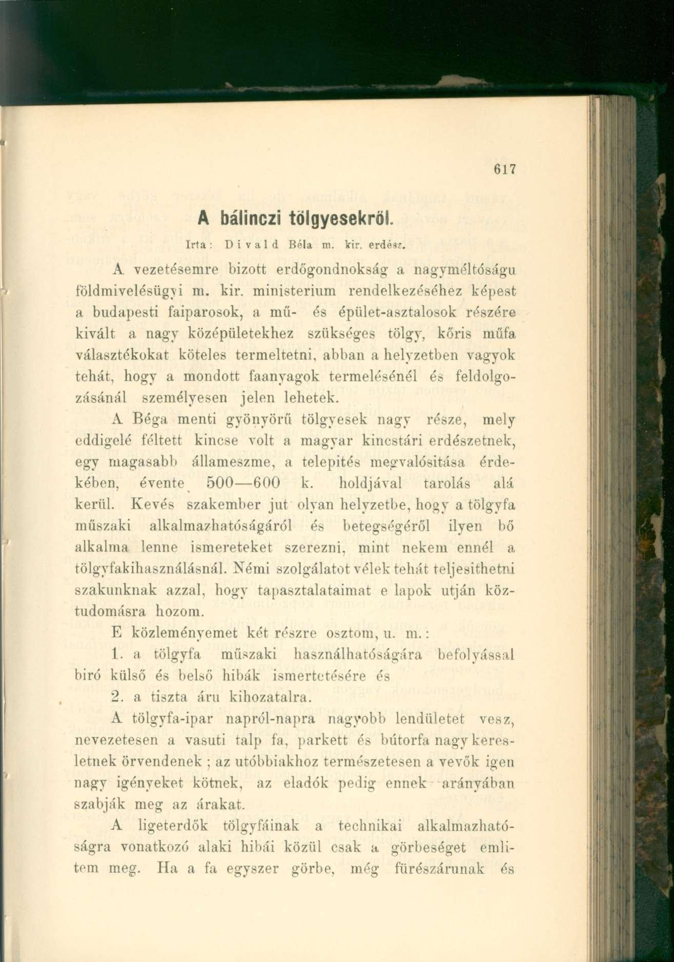 617 A bálinczi tölgyesekről. Irta: Divald Béla m. Vir. erdész. A vezetésemre bizott erdőgondnokság a nagyméltóságú földmivelésügyi m. kir.