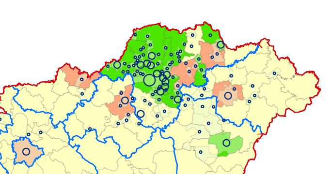 Beiskolázási körzet térbeli változásai Zöld: növekedés Rózsaszín: csökkenés A beiskolázás szempontjából jelentős kistérség 2002 2010 Változás Debreceni 7 12 171,4% Kazincbarcikai 14 23 164,3% Ózdi 9