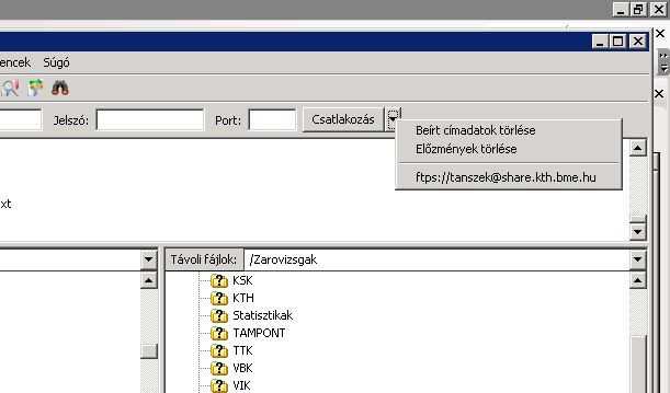 A FileZilla program beállítása az első belépés alkalmával A program első indításakor ki kell tölteni a fejlécet az alábbi adatokkal Cím: ftps://share.kth.bme.hu Felhasználónév:. Jelszó:.