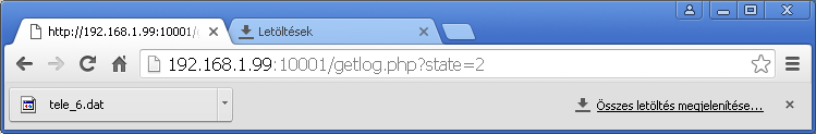 Adatok letöltése böngészővel http://<ip cím>:10001/getlog.php?state=2 A fenti URL hatására az aktív rekordok letöltődnek egy tele_nnn.dat nevű állományba.