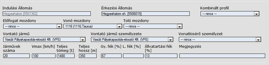 22. Vonatösszeállítás: A vonatösszeállítás megadásakor az alábbi paramétereket kell megadni: a. vonó-, toló- ill. előfogat e. járművek száma (1-100) mozdony típusa (kötelező) f. vmax: (10-200 km/h) b.