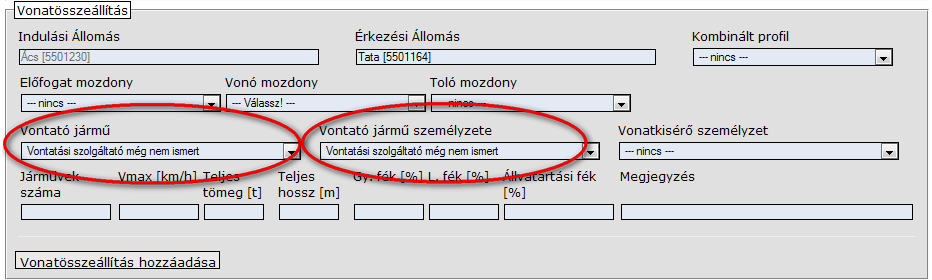 sem lehet kevesebb, mint az adatbázisban megadott vontatójárművek összes hossza és tömege). Amennyiben a vonatösszeállítás menet közben változik, lehetőség van több vonat összeállítást is megadni.