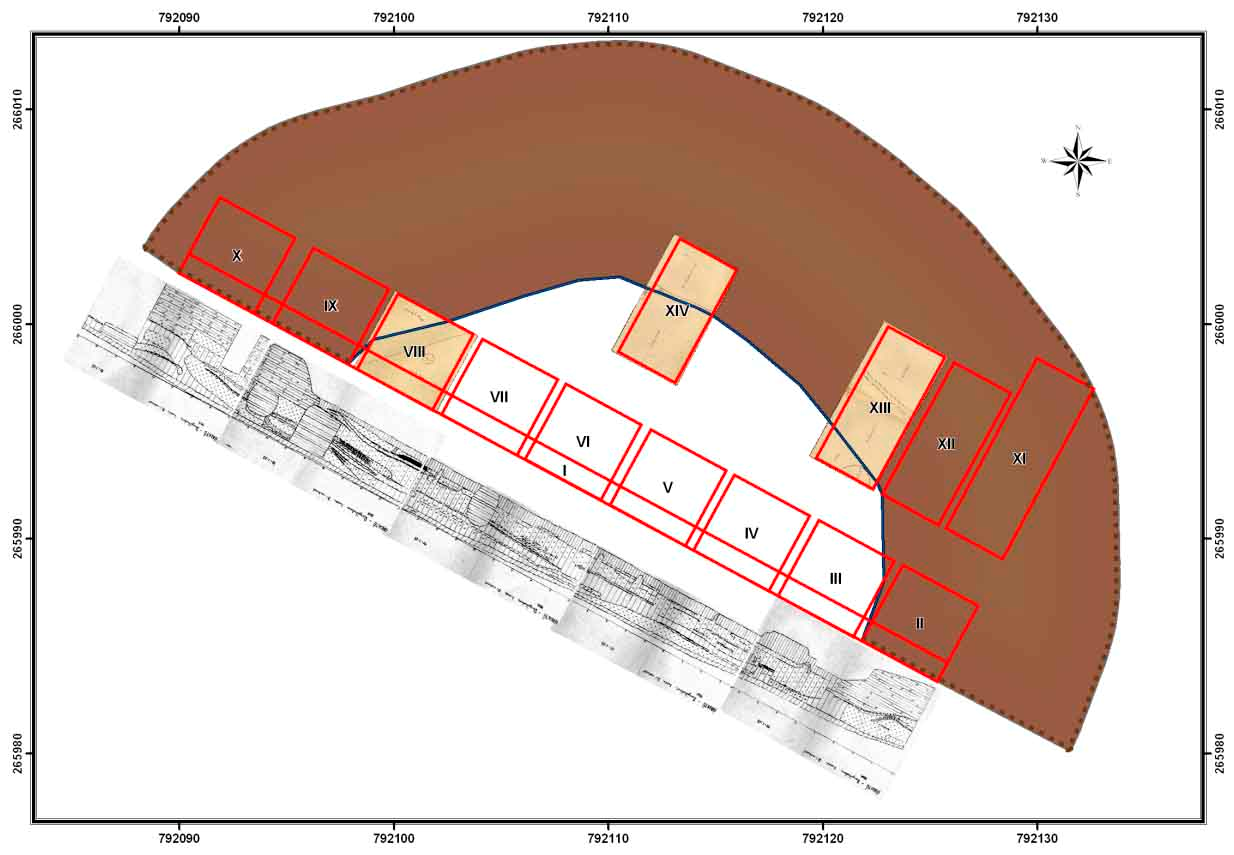 előző szintben megfigyelt agyagszint alján egy nagyméretű edényt és egy őrlőkövet találtak.