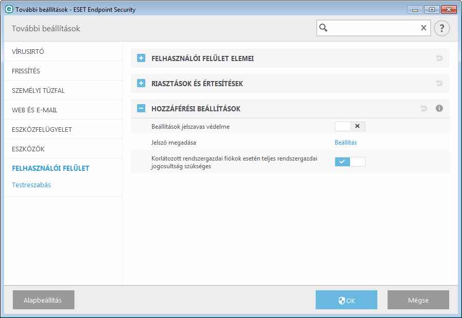 3.9.7.2 Hozzáférési beállítások A rendszer maximális biztonsága érdekében fontos, hogy az ESET Endpoint Security megfelelően legyen konfigurálva.