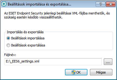 3.10.3 Beállítások importálása és exportálása Az ESET Endpoint Security testre szabott.xml konfigurációs fájlját a Beállítások menüből importálhatja, illetve exportálhatja.