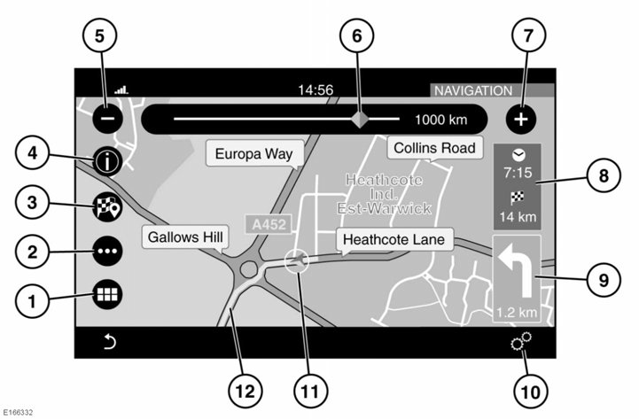 Navigációs rendszer TÉRKÉPKÉPERNYŐ 1. Érintse meg a NAV MENU (Navigációs menü) kiválasztásához. 2. Érintse meg a ROUTE (Útvonal) menü kiválasztásához. 3.