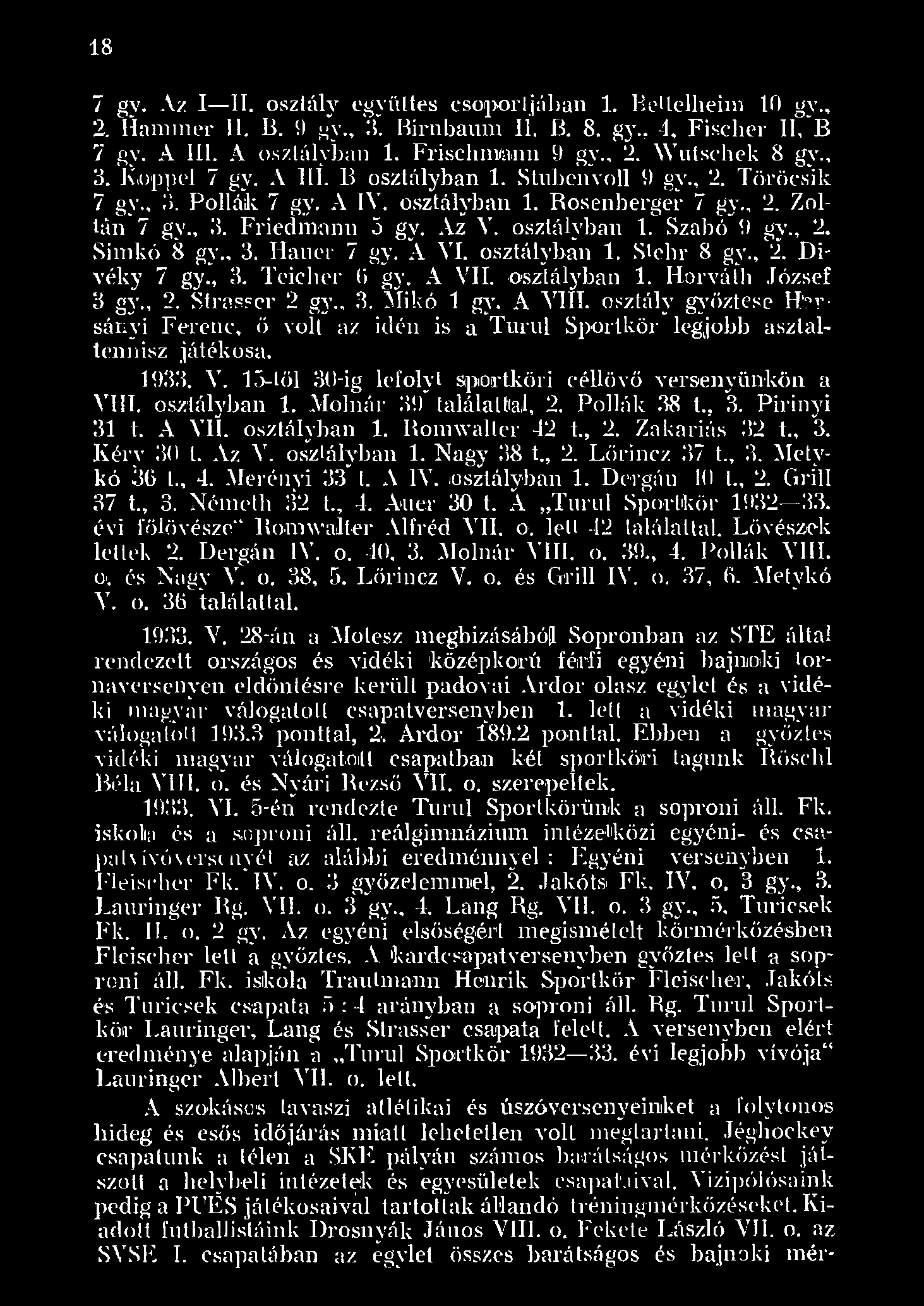 8 7 gy. Az I- II. osztáy együttes csorpo(rjúban. Bottehein 0 ay., 2. Harnner. B. 9 gy., 3. Bir nbaun. B. 8. gy.~ 4. Fischer If~ B 7 gy. A L A osztáyban. Frischmtann 9 gy., 2. \V utschek 8 gy., 3. Koppe.