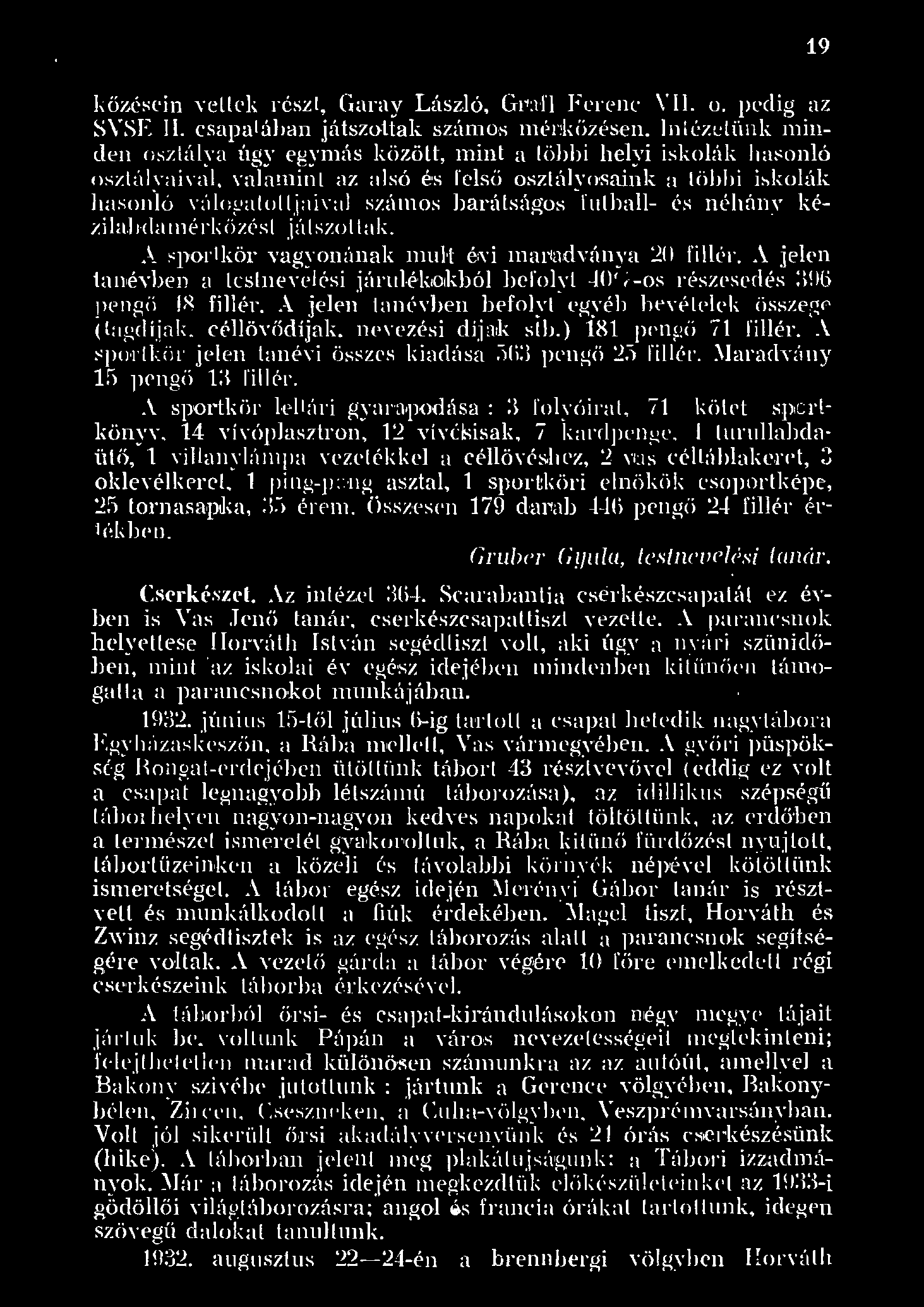 }{ő,zésein vetek részt, Garay Lászó, G~ad' Ferenc V. o. pedig az SVSE I. csapatában játszottak szános InéJ'Jkőzésen. nézcün.