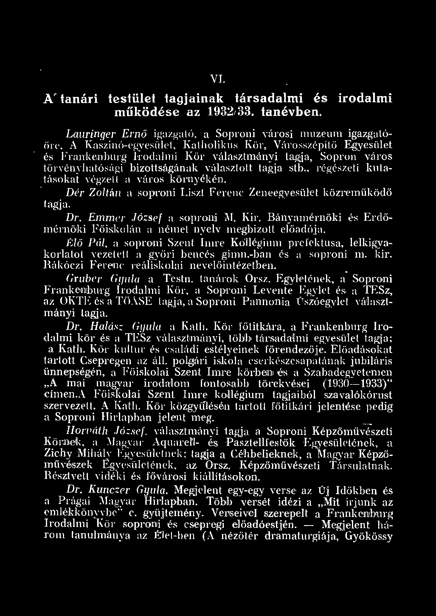 VI. A' tanári testüet tagjainak társadami és irodami működése az 932/33. tanévben.