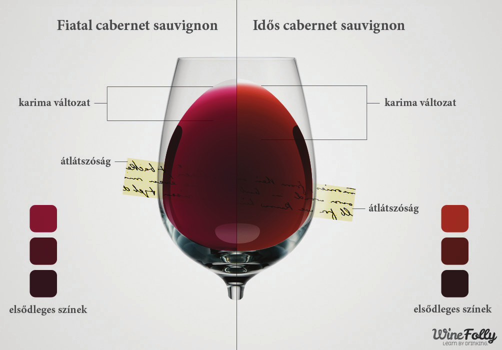 extrém esetben átláthatatlan lesz. A MAG SZÍNÉNEK VÁLTOZATAI A POHÁRBAN VÖRÖSBOROK ESETÉN. FORRÁS: WINEFOLLY.