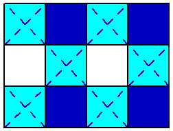 változat Készítsd el a kockás abroszt (kockásabrosz :sordb :oszlopdb :méret), amely három különböző színű négyzetekből áll és a kockákon keresztül szaggatott vonalak is díszítik az ábrának