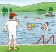 a) Olvasd el a kijelentő mondatokat! Kérdezz a színes betűs részekre egész mondattal! Nem tud úszni az idős néni. A tóban rengeteg ember fürdik. Az úszómester ügyel a rendre a tóparton.