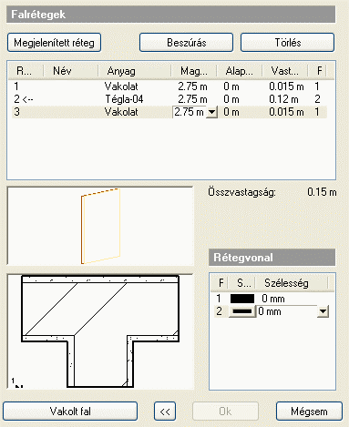 9. Építészet 453 A Beszúrás gomb segítségével új rétegeket adhat a falhoz. A beszúrás helye előtti rétegek változatlanok maradnak, a beszúrás helyét követő rétegek pedig eltolódnak.