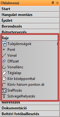 2. Lecke: Alapozás 9 Oldalmenü kategória megnyitása Nyissa meg a Rajz eszközcsoportot. Az Oldalmenü Rajz eszközcsoportja 2.2. Alapvető rajzeszközök 2.2.1. Rajzolás az ARCHLine.