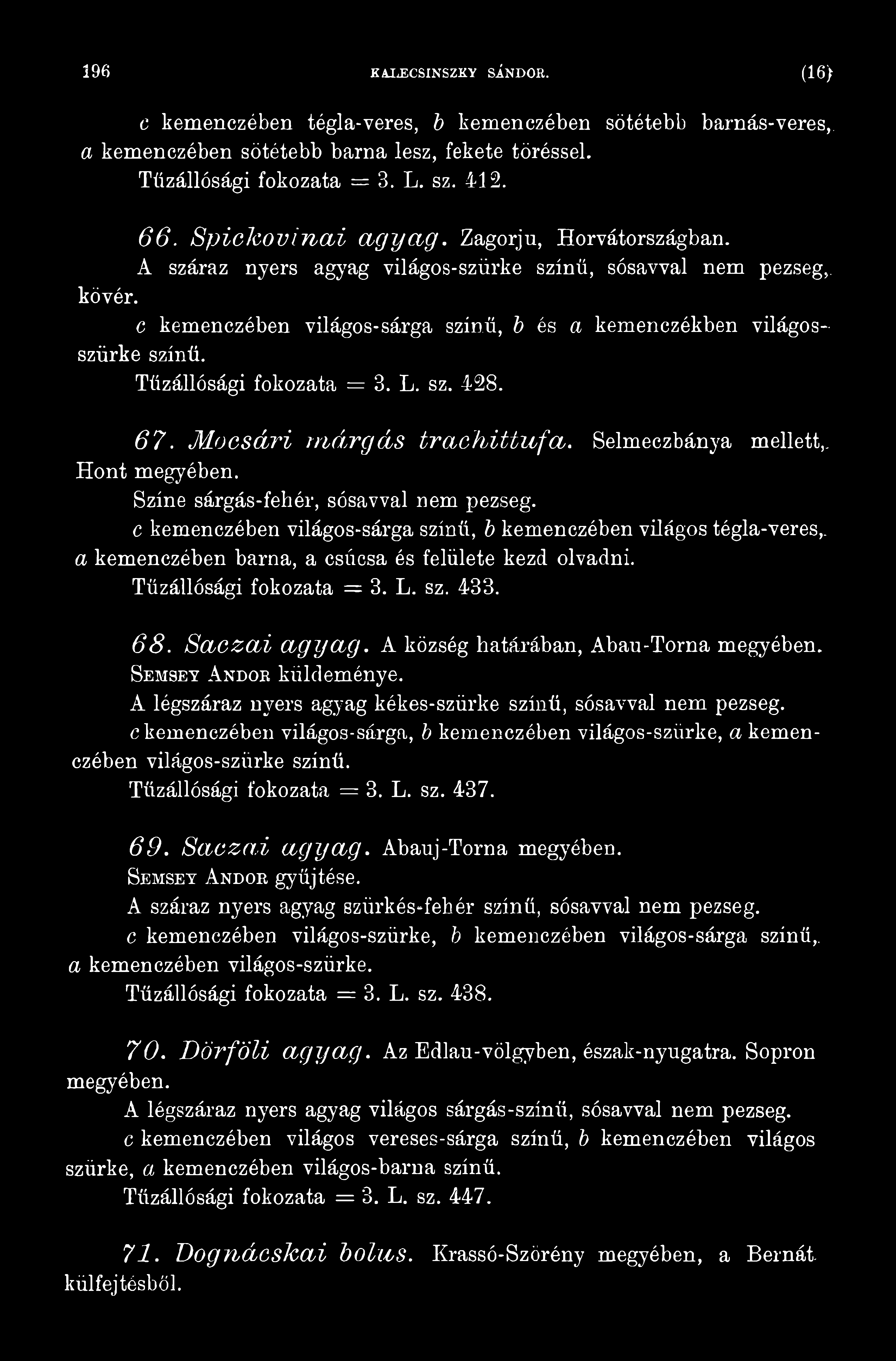 A község határában, Abau-Torna megyében. Semsby Andok küldeménye. A légszáraz nyers agyag kékes-szürke színű, sósavval nem pezseg.