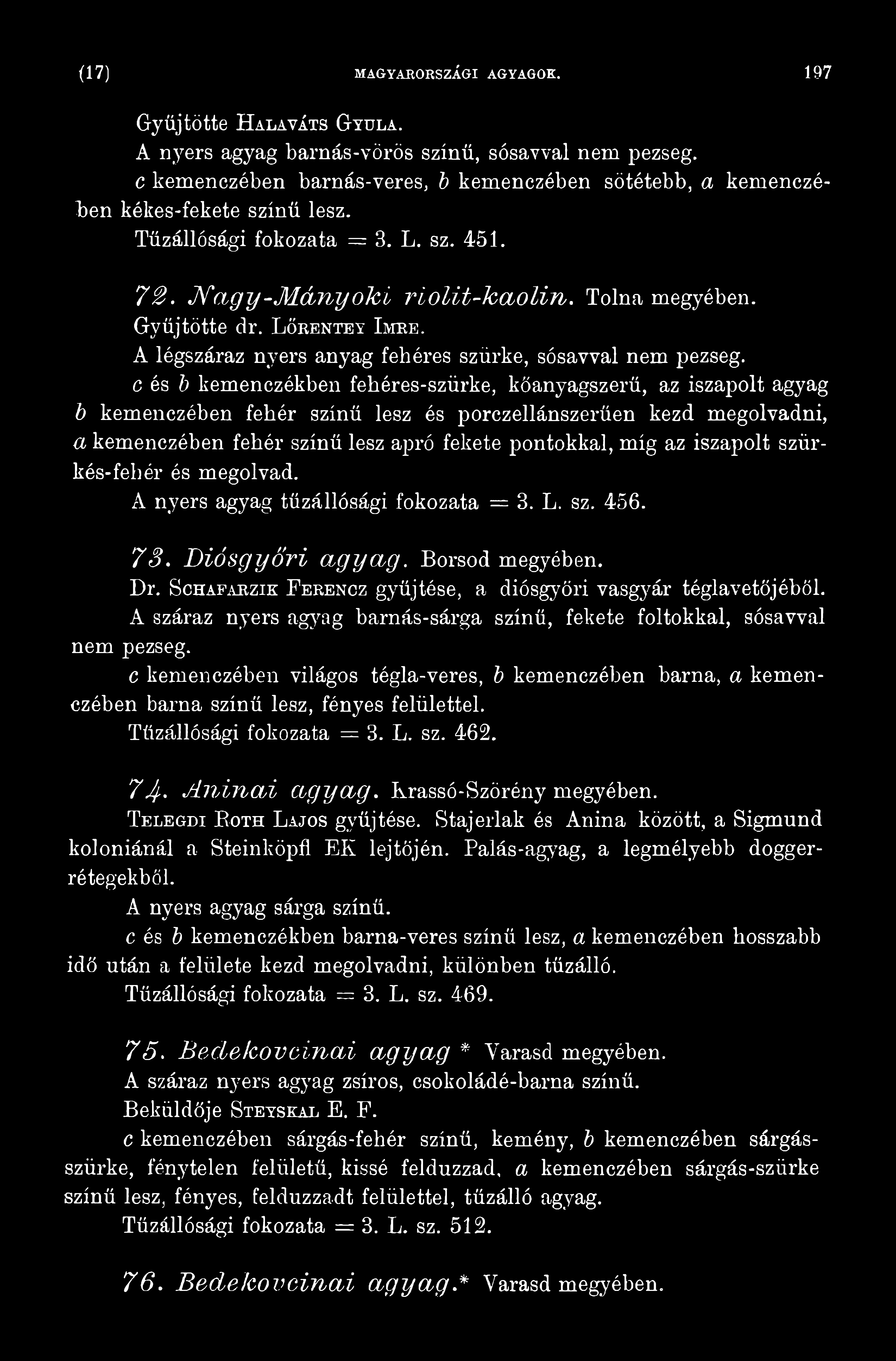 iszapolt szürkés-fehér és megolvad. A nyers agyag tűzállósági fokozata = 3. L. sz. 456. 73. Diósgyőri agyag. Borsod megyében. Dr. Schaearzik F erencz gyűjtése, a diósgyőri vasgyár téglavetőjéből.