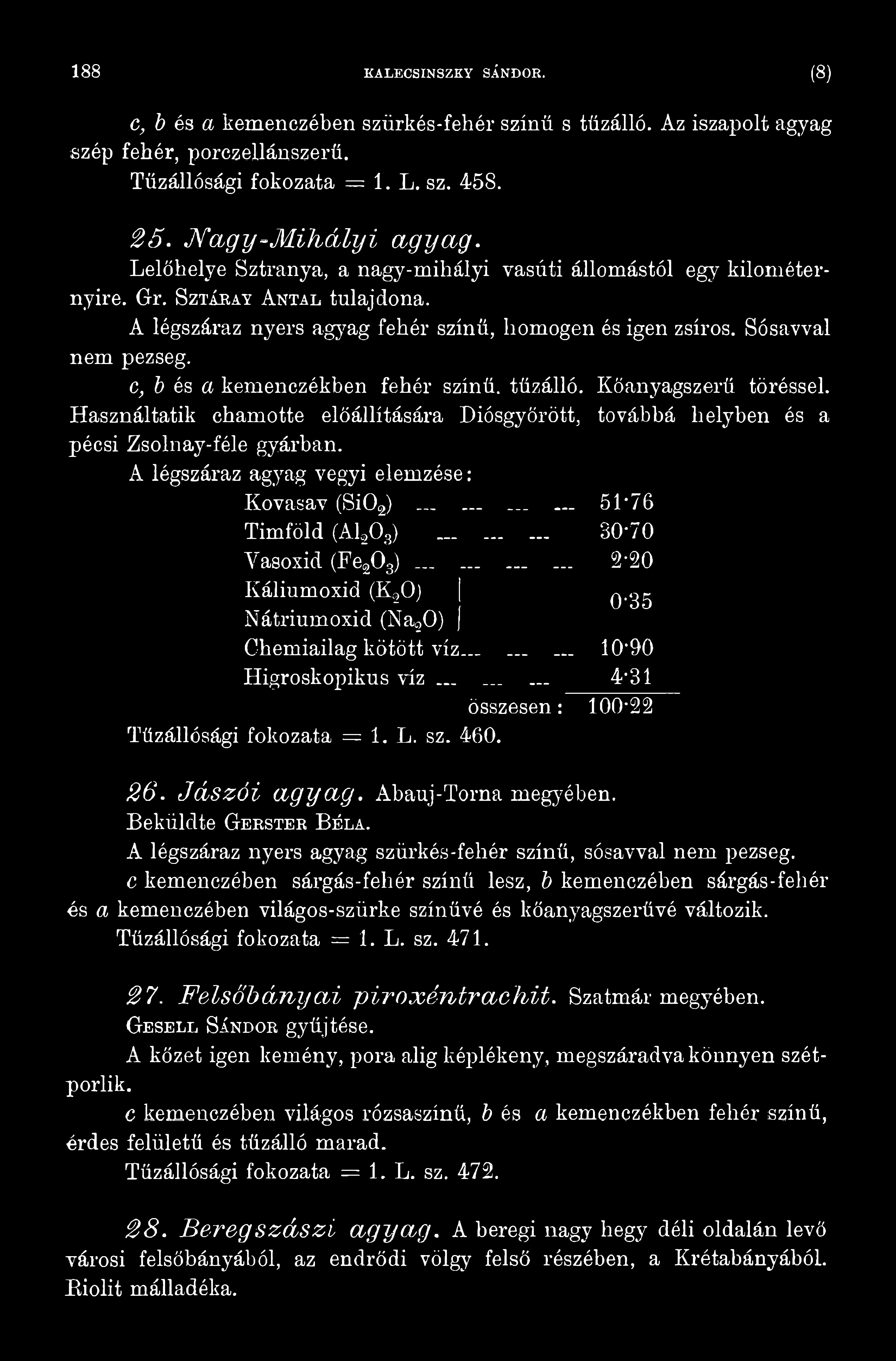 gg Nátrimnoxid (NaaO) ] Ghemiailag kötött víz_ 10-90 Higroskopikus v í z... 4-31 összesen: 100-22 Tűzállósági fokozata = 1. L. sz. 460. 26. Jászói a gya g. Abauj-Torna megyében.