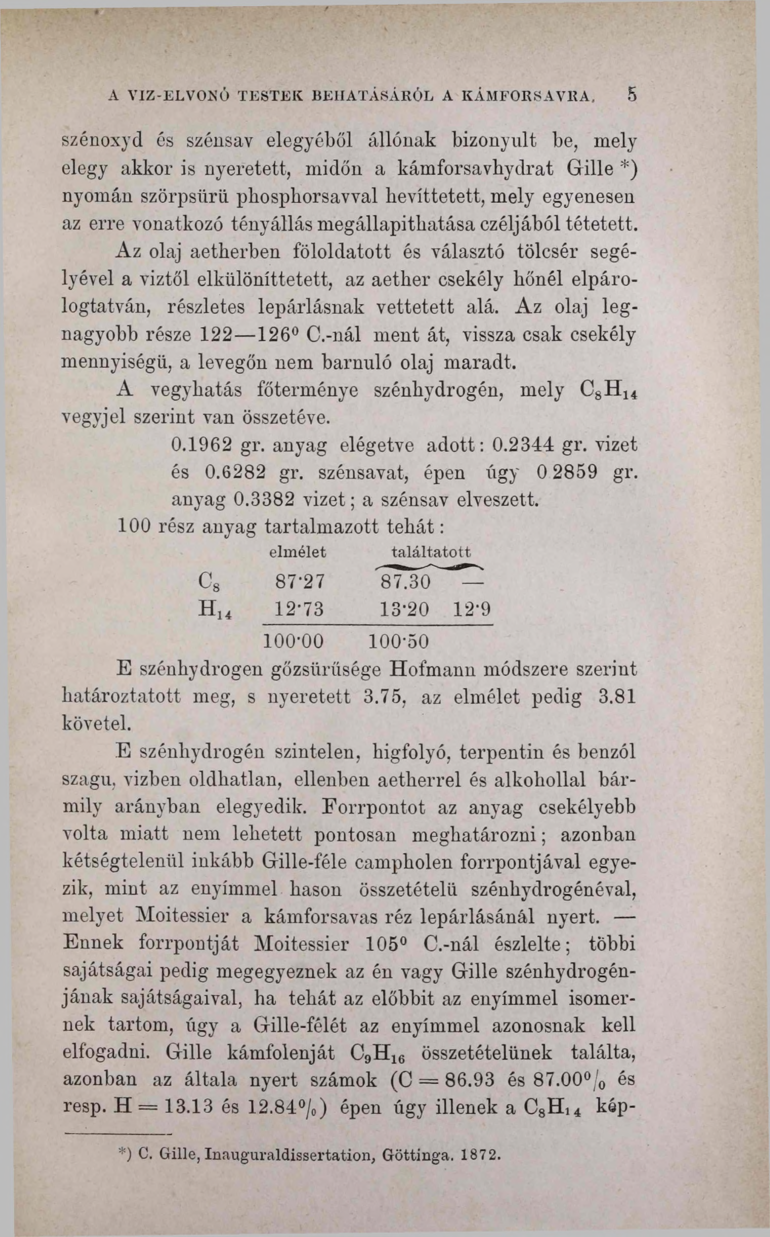 A VIZ-ELVONÓ TESTEK BEHATÁSÁRÓL A KÁMFORSAVRA, 5 szénoxyd és szénsav elegyéből állónak bizonyult be, mely elegy akkor is nyeretett, midőn a kámforsavhydrat Gille *) nyomán szörpsürü pbospborsavval