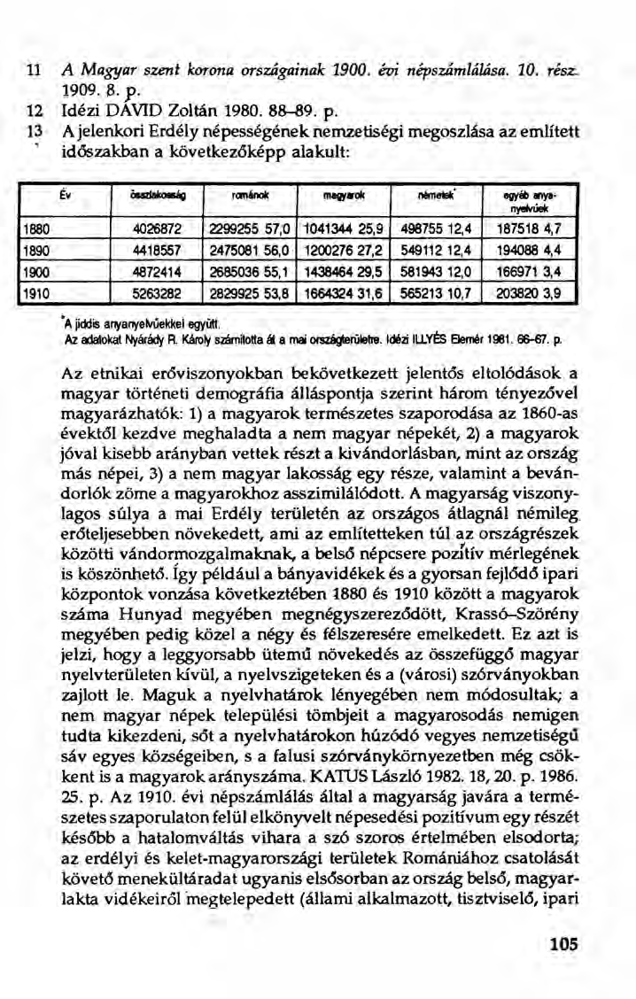 11 A Magyar szeni korona országainak 1900. évi népszámlálása. 10. rész. 1909. s.j. 12 Idézi DAVID Zoltán 1980. 88-89. p.