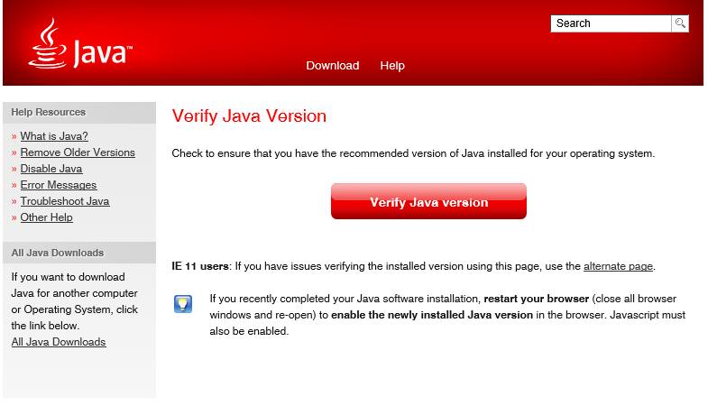 "Verify Java version" gombra kattintva megtudjuk, hogy mi a verziószámunk, az alábbi ábrán sárgával aláhúzva.
