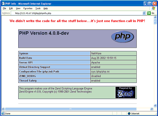 3. A NetWare-konzolon írjuk be az alábbi parancsokat, és vegyük fel őket a sys:/system/autoexec.ncf fájlba is (az ApacheStart sor elé): SEARCH ADD SYS:/PHP SEARCH ADD SYS:/PHP/EXT 4.