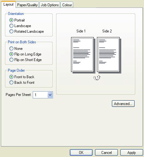 Windows PostScript 1. Az illesztőprogram Elrendezés lapján a [2 oldalas nyomtatás] alatt válassza ki a kívánt kötési élt.