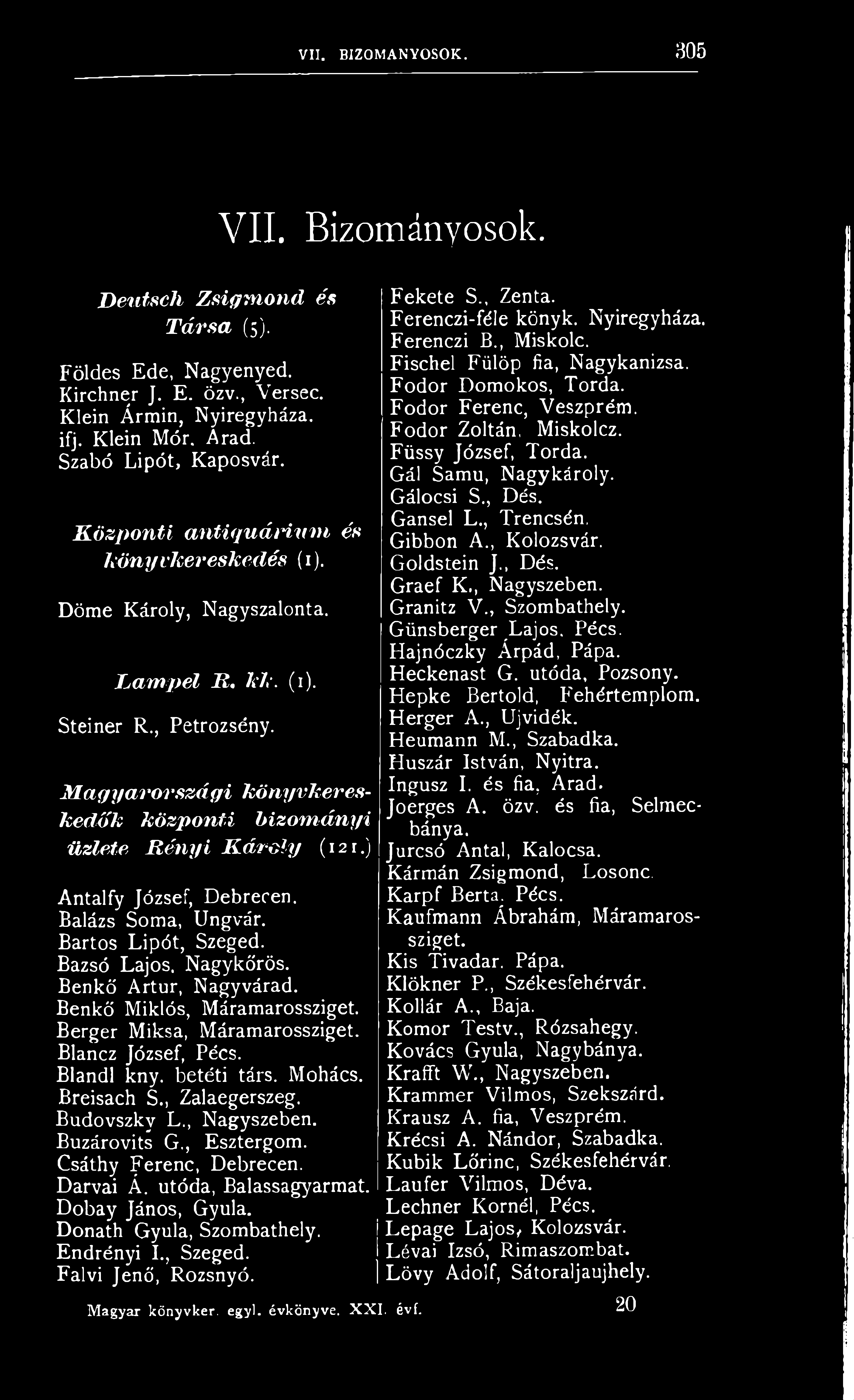 M agy arország i könyvkereskedők központi bizom ányi üzlete K én y t K á r o ly (121.) Antalfy József, Debrecen. Balázs Soma, Ungvár. Bartos Lipót, Szeged. Bazsó Lajos. Nagykőrös.