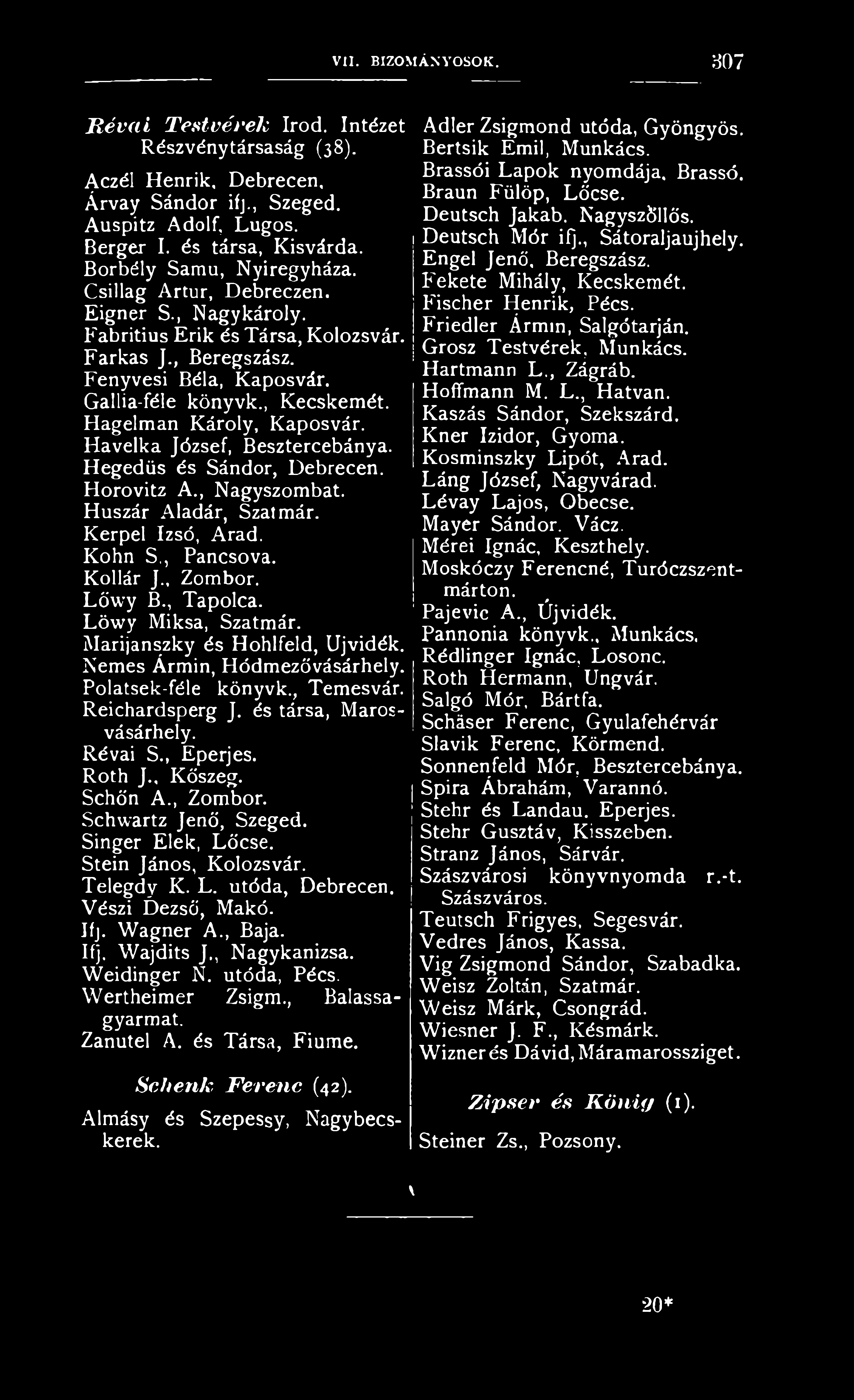 H u szár A ladár, Szatm ár. K e rp e l Izsó, A ra d. K o h n S., P a n cso v a. K ollár J Zom bor. L ő w y B., T a p o lc a. L ö w y M iksa, S zatm ár. M a rija n sz k y é s H o h lfe ld, Ú jv id é k.