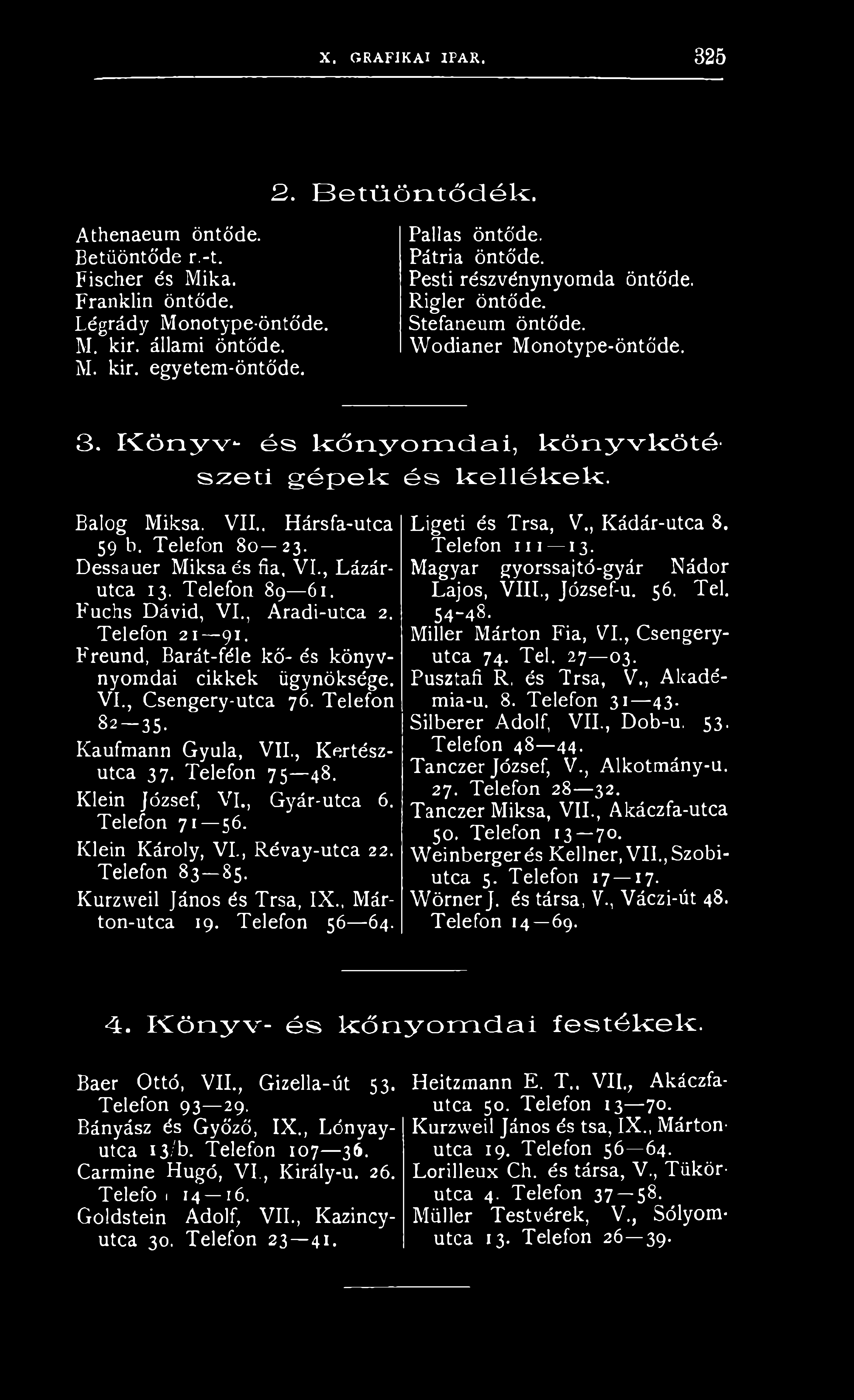 . Hársfa-utca 59 b. Telefon 80 23. Dessauer Miksa és fia, VI., Lázárutca 13. Telefon 89 61. Fuchs Dávid, VI., Aradi-utca 2. Telefon 21 91. Freund, Barát-féle kő- és könyvnyomdái cikkek ügynöksége. VI., Csengery-utca 76.