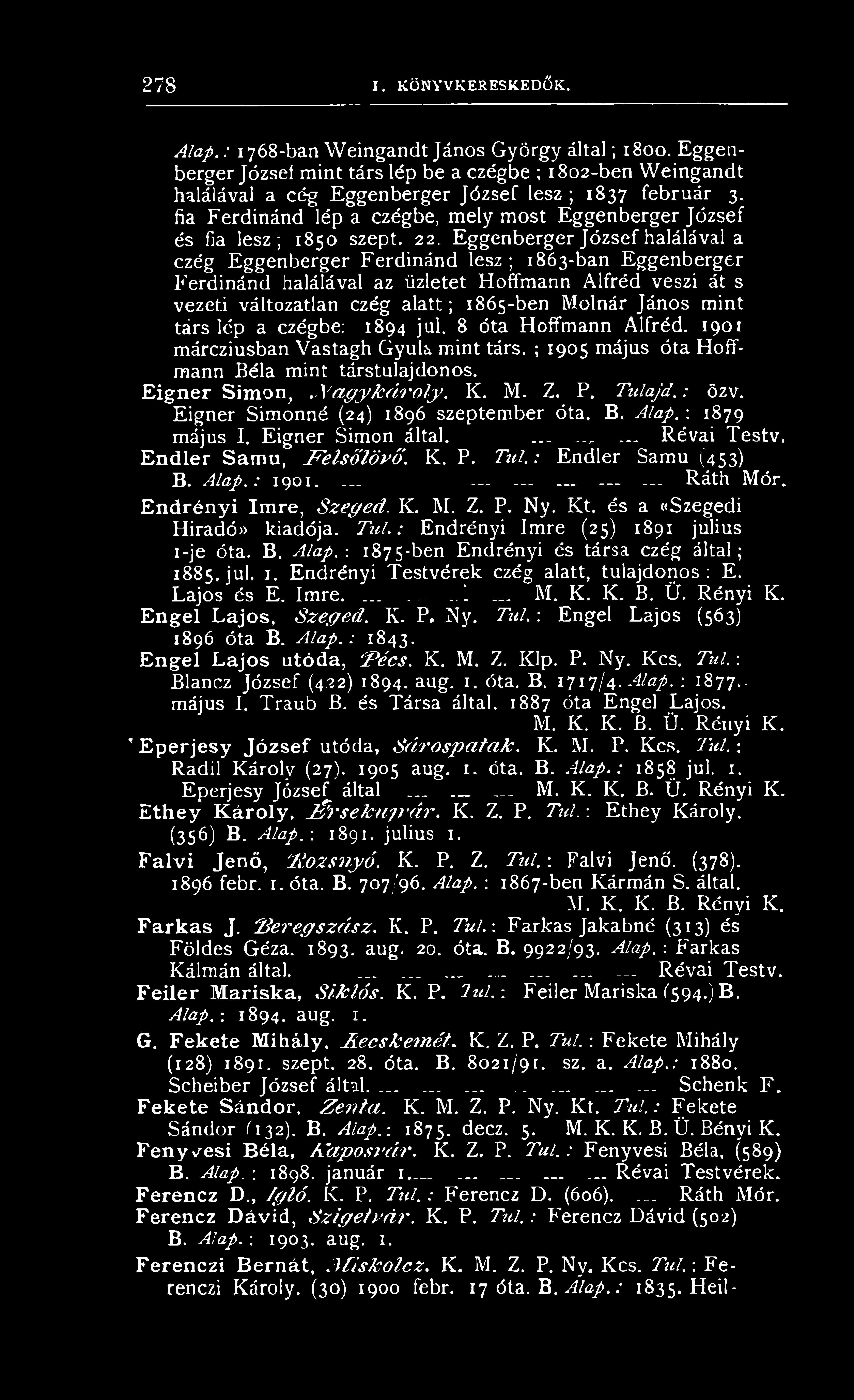 mint társ lép a czégbe; 1894 jul. 8 óta Hoffmann Alfréd. 1901 márcziusban Vastagh Gyula mint társ. ; 1905 május óta Hoffmann Béla mint társtulajdonos. Eigner Simon..N a g y k á r o l y. K. M. Z. P.