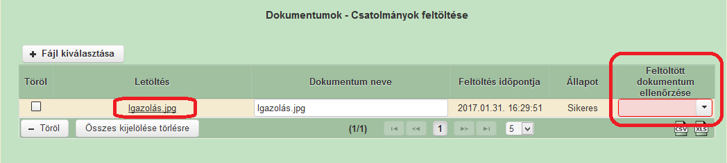 A feltöltött dokumentumot minden esetben meg kell nyitni és ellenőrizni kell, hogy a kérelmező nevére kiállított igazolás került-e csatolásra.