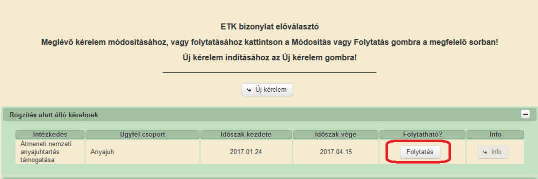 A kérelem benyújtásához a Beadás gombra kell kattintani.