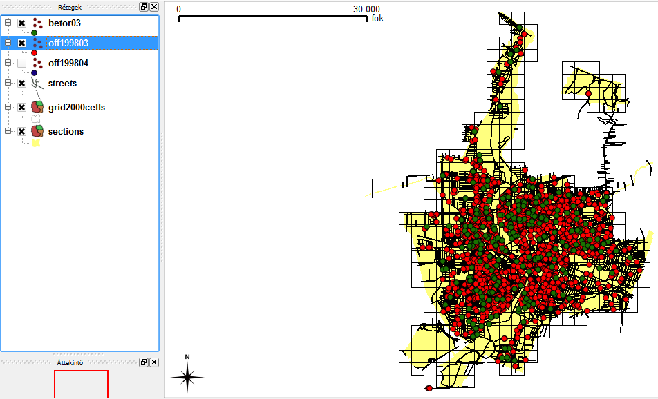 Emeljük be a projektbe a betor03 shape fájlt. Ha megnézzük az off199803 adattábláját, láthatjuk, hogy minden adata megvan.