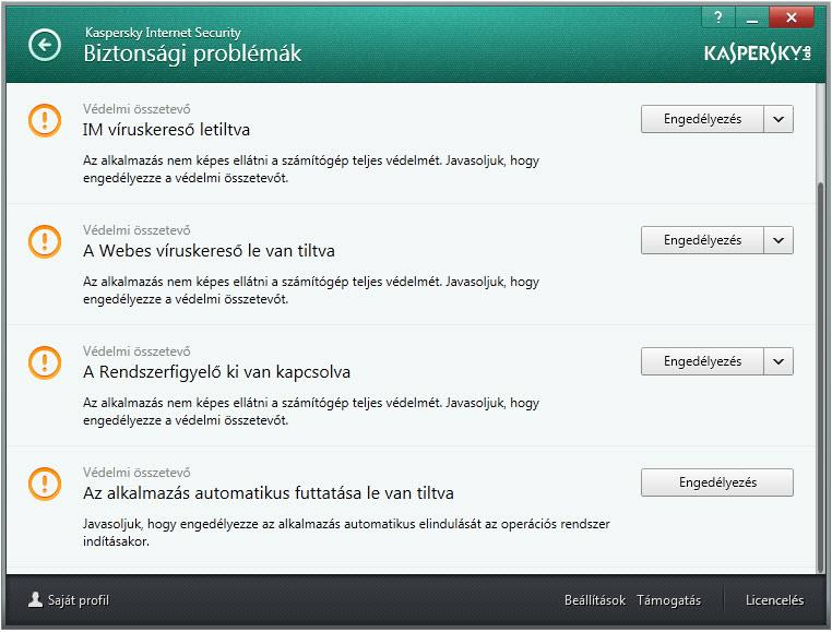 H A S Z N Á L A T I Ú T M U T A T Ó A jelző ikonjára kattintva az alkalmazás főablakában megnyílik a Biztonsági problémák ablak (lásd az alábbi ábrát), amely részletes információt tartalmaz a