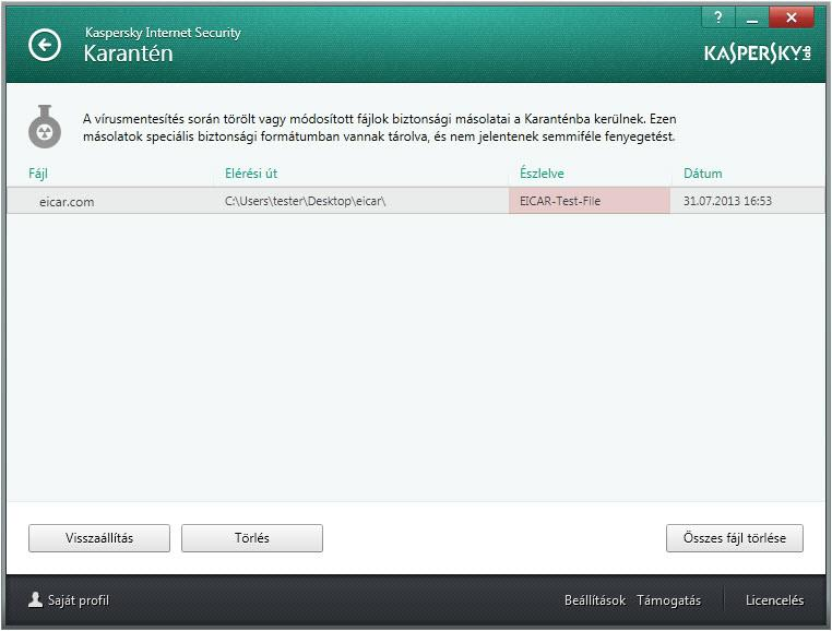 H A S Z N Á L A T I Ú T M U T A T Ó AZ ALKALMAZÁS ÁLTAL TÖRÖLT VAGY VÍRUSMENTESÍTETT OBJEKTUM HELYREÁLLÍTÁSA A Kaspersky Lab nem javasolja törölt vagy vírusmentesített objektumok helyreállítását,