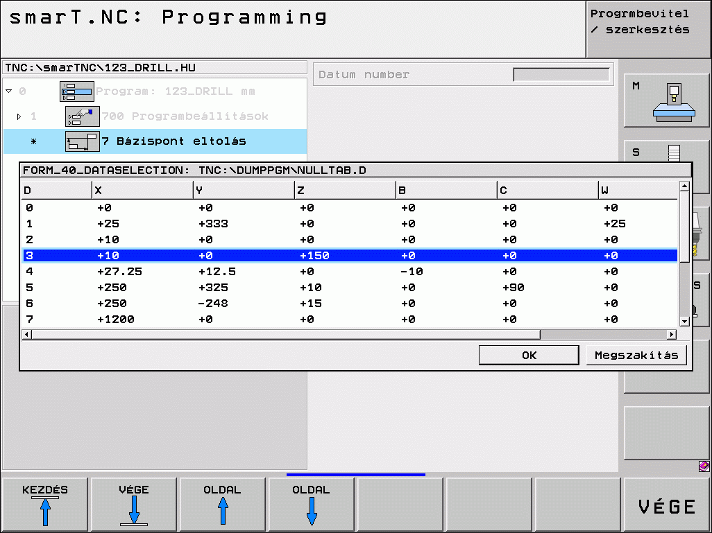 7. Nullapont-eltolás (FCL 2 funkció): Megmunkálási műveletek Mielőtt a 7. egységet használja, ki kell választani a nullapont táblázatban azt a program-fejlécet, amelyben a smart.