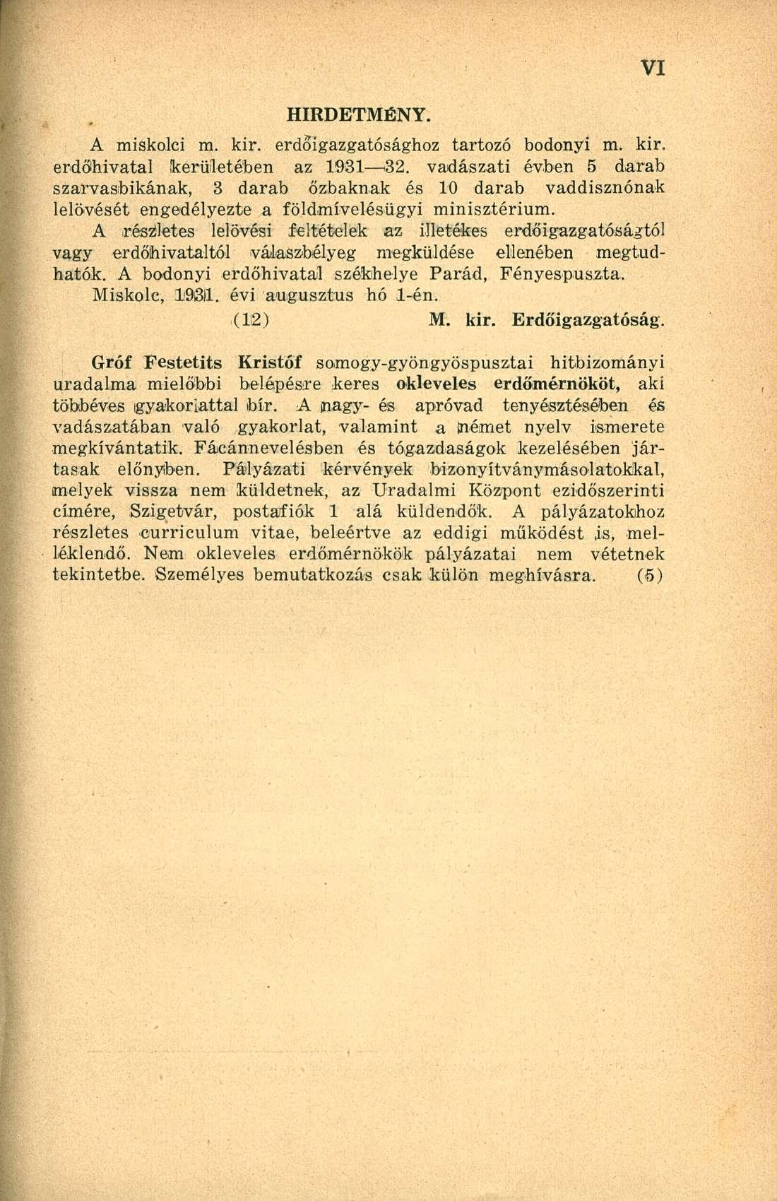 A misklci m. kir. erdőigazgatósághz tartzó bdnyi m. kir. erdőhivatal kerületében az 1931 32.