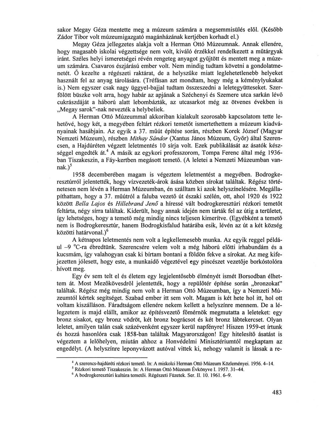 sakor Megay Géza mentette meg a múzeum számára a megsemmisülés elől. (Később Zádor Tibor volt múzeumigazgató magánházának kertjében korhadt el.