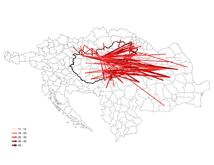 9. ábra: A 25-64 éves külföldi állampolgárok születési- és jelenlegi magyar lakóhely régiójának kapcsolata foglalkozások szerint, 2011 (fő) Gazdasági, igazgatási, érdekképviseleti vezetők