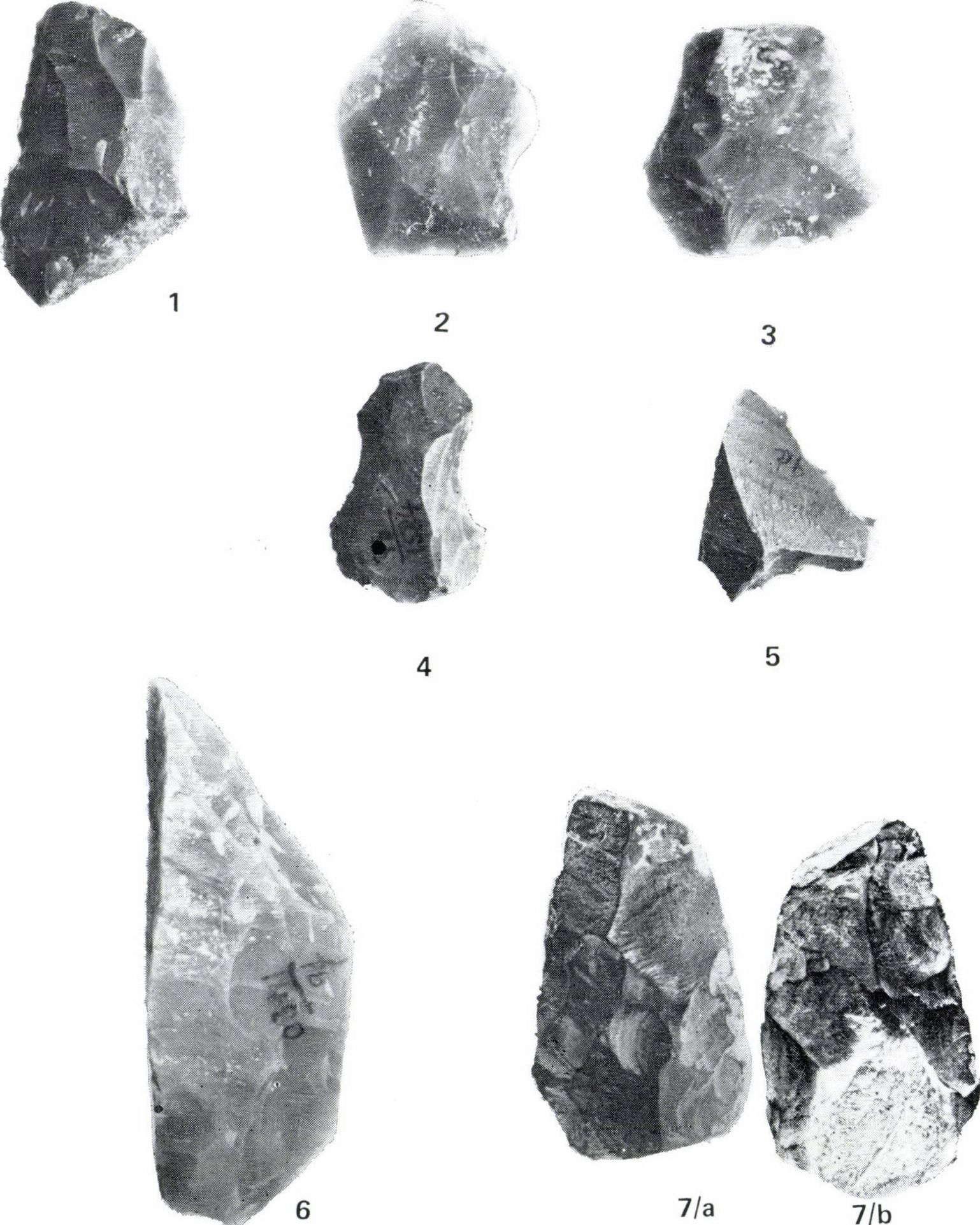 III. tábla Table III Subalyuk 11. réteg eszközei: 1. egyenes élű egyszerű kaparó, 2. Levallois-szilánk, 3. moustérien hegy bázistöredéke, 4. völgyeit eszköz, 5. raclette, 6.