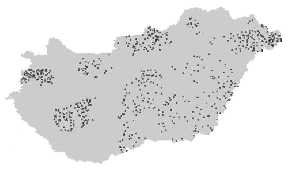 Település Egyedszám Denevérfajok Borsodbóta 3500 M. myotis, Geszt (kastély) 1500 Rh. ferrumequinum, M. emarginatus Geszt (templom) 1500 Rh. ferrumequinum, M. emarginatus Somogyjád 1500 M.