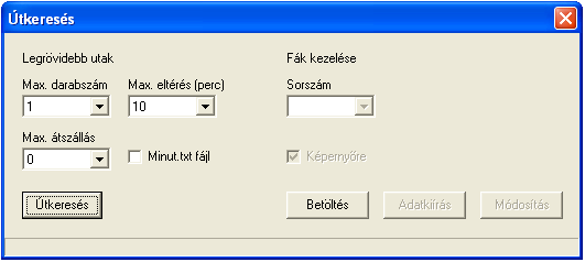 Bemenő adatok Egyéb adatok Útkeresési paraméterek Az egy viszonylatban meghatározandó legrövidebb utak maximális száma