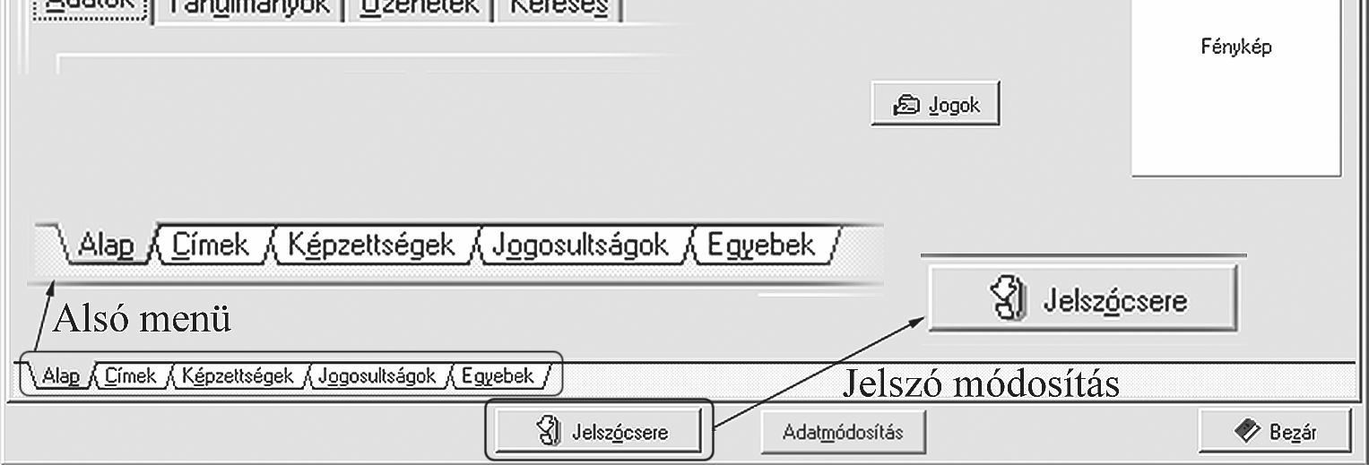 Az Adatok fül a hallgatói adatokat tartalmazza. Az Alap fül adatai a hallgató számára nem módosíthatók, de a Címek fülön az e-mail cím és mobiltelefonszám mezői igen.