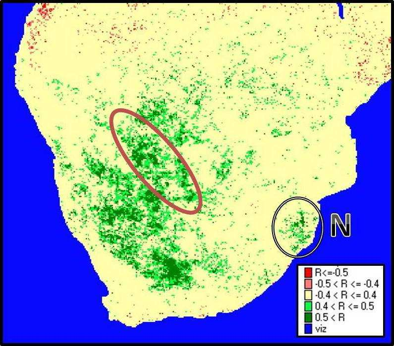 A január-március hónapokban a következő területeken volt erős korreláció a szárnyhosszak és NDVI között: Namíbiának egy kis, észak-keleti része, Botswana, Dél- Zimbabwe és Dél-Afrikai Köztársaság
