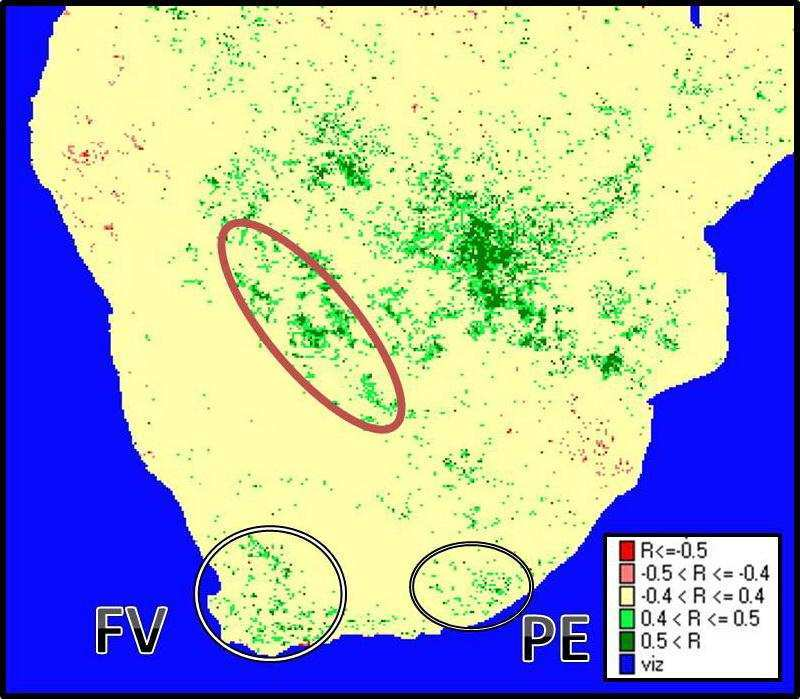 Kisebb, 0,4-nél nagyobb R értékű korrelációval rendelkező területek megjelentek Dél-Afrikai Köztársság tengerparti vidékein is (Port Elizabeth közelében és Fokvárostól északra), alátámasztva a