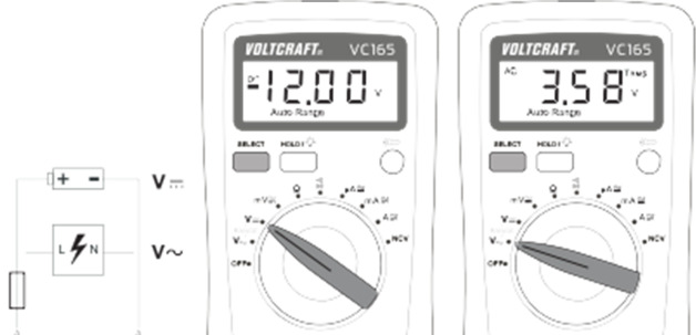 b) Feszültségmérés V az egyenfeszültségek mérésénél ("V/DC" (V - Kapcsolja be a multimétert, és válassza a megfelelő "V " vagy "mv" tartományt.