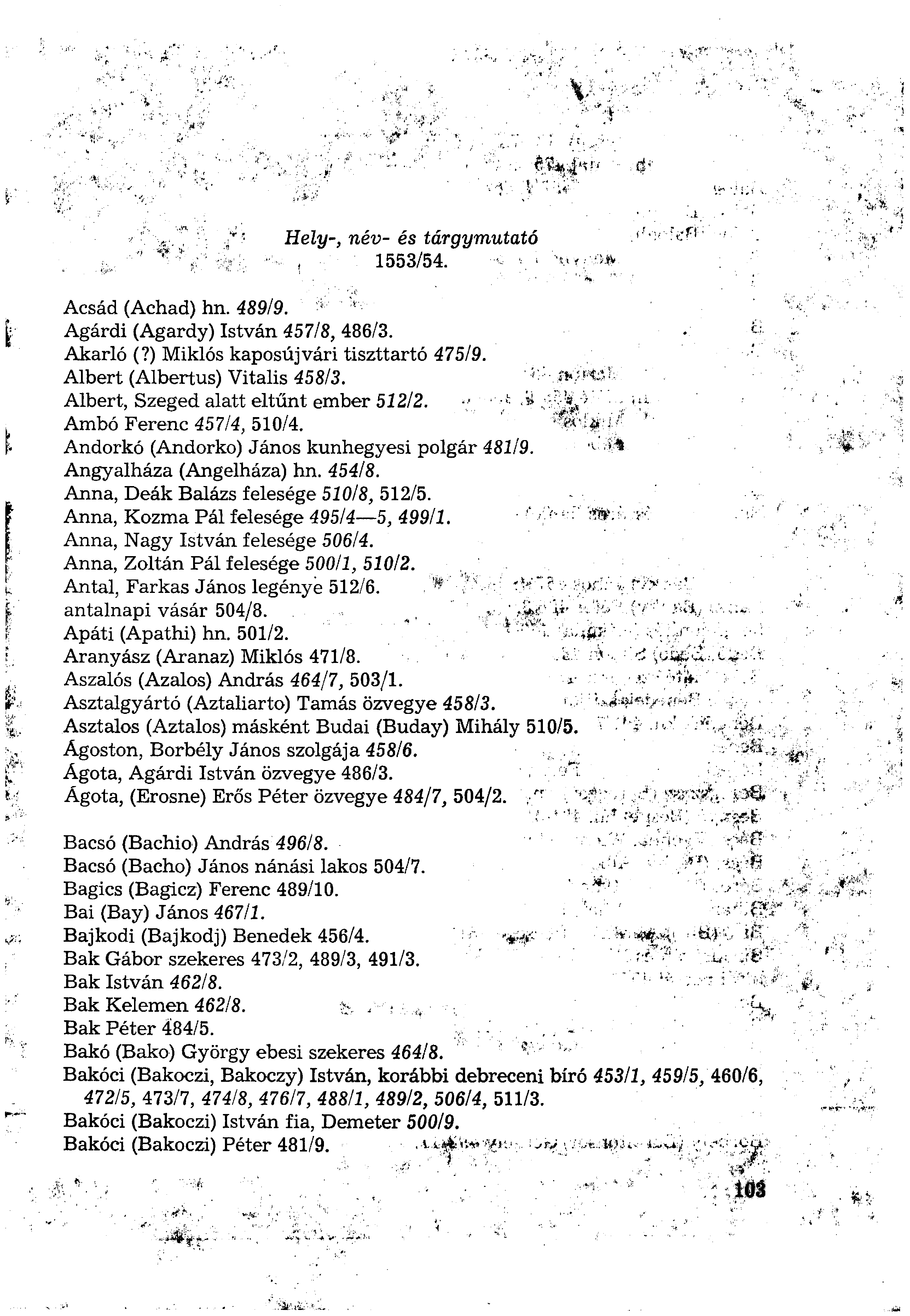 Hely-, név- és tárgymutató 1553/54. Acsád (Achad) hn. 489/9. Agárdi (Agardy) István 457/8, 486/3. Akarló (?) Miklós kaposújvári tiszttartó 475/9. Albert (Albertus) Vitális 458/3.