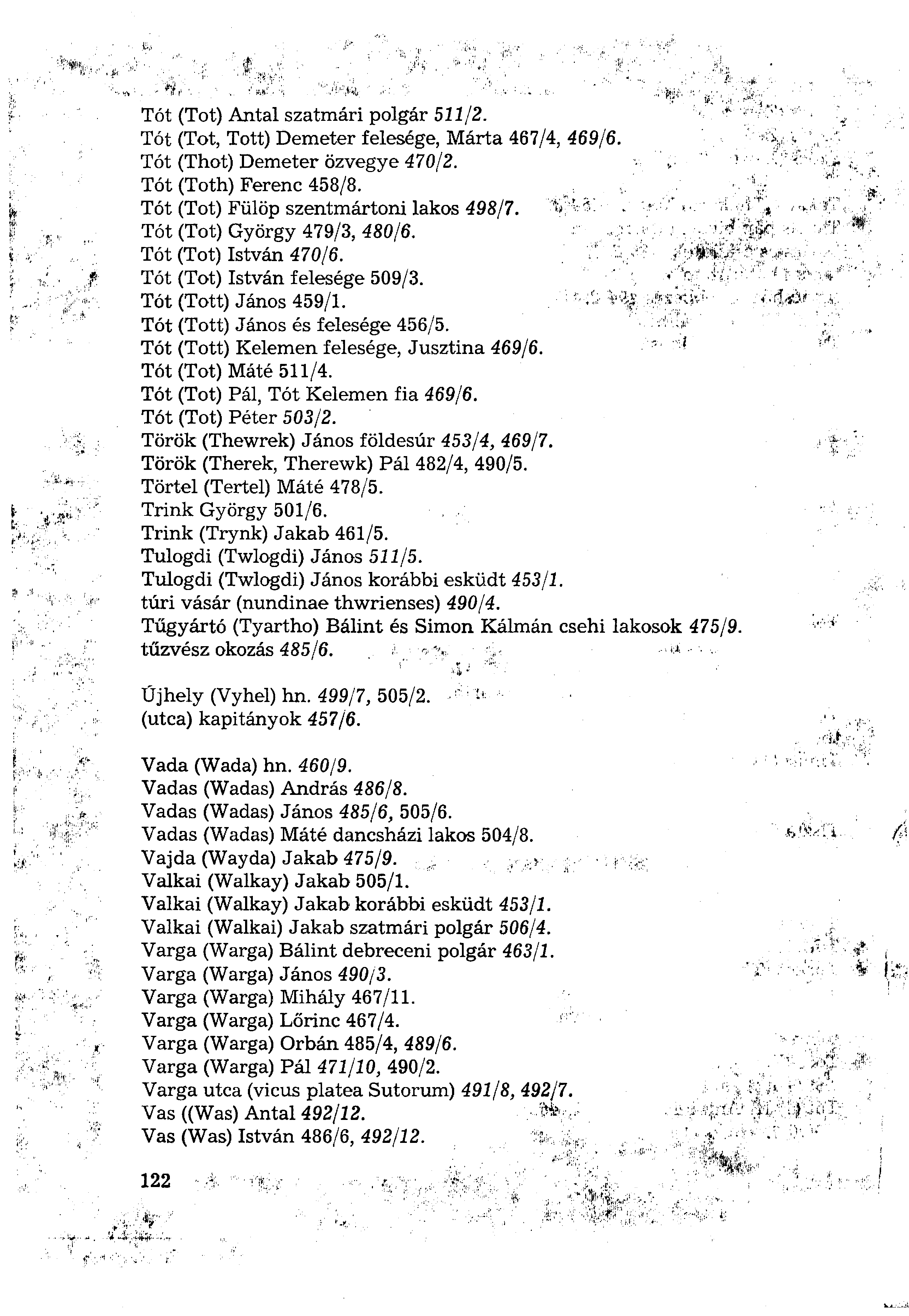 Tót (Tot) Antal szatmári polgár 511/2. Tót (Tot, Tott) Demeter felesége, Márta 467/4, 469/6. Tót (Thot) Demeter özvegye 470/2. Tót (Tóth) Ferenc 458/8. Tót (Tot) Fülöp szentmártoni lakos 498/7.